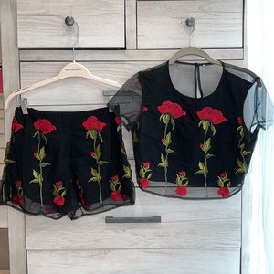 Rose embroidered two piece set